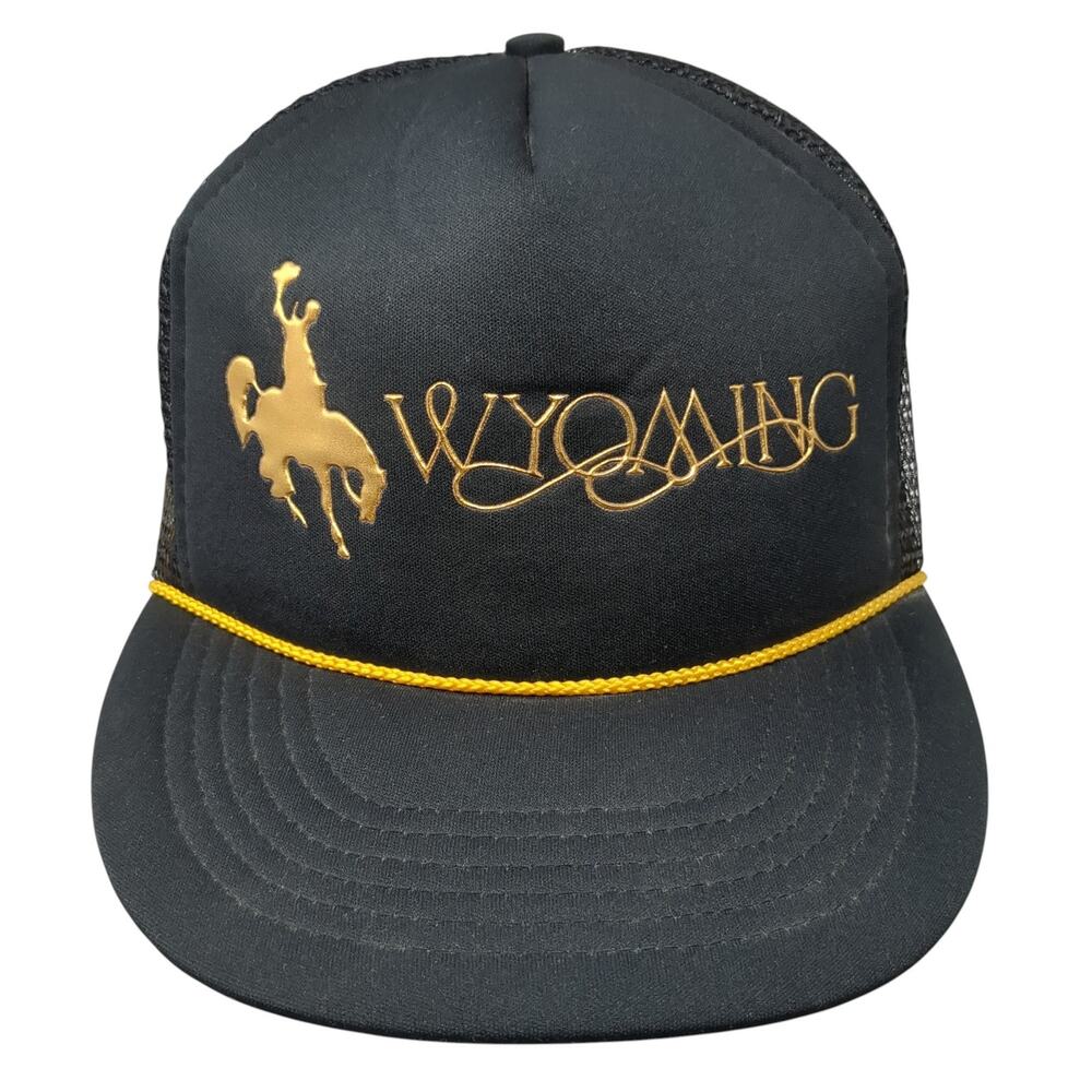 Wyoming Snapback Trucker Hat Black One Size Adjustable Embroidered Rope Vintage